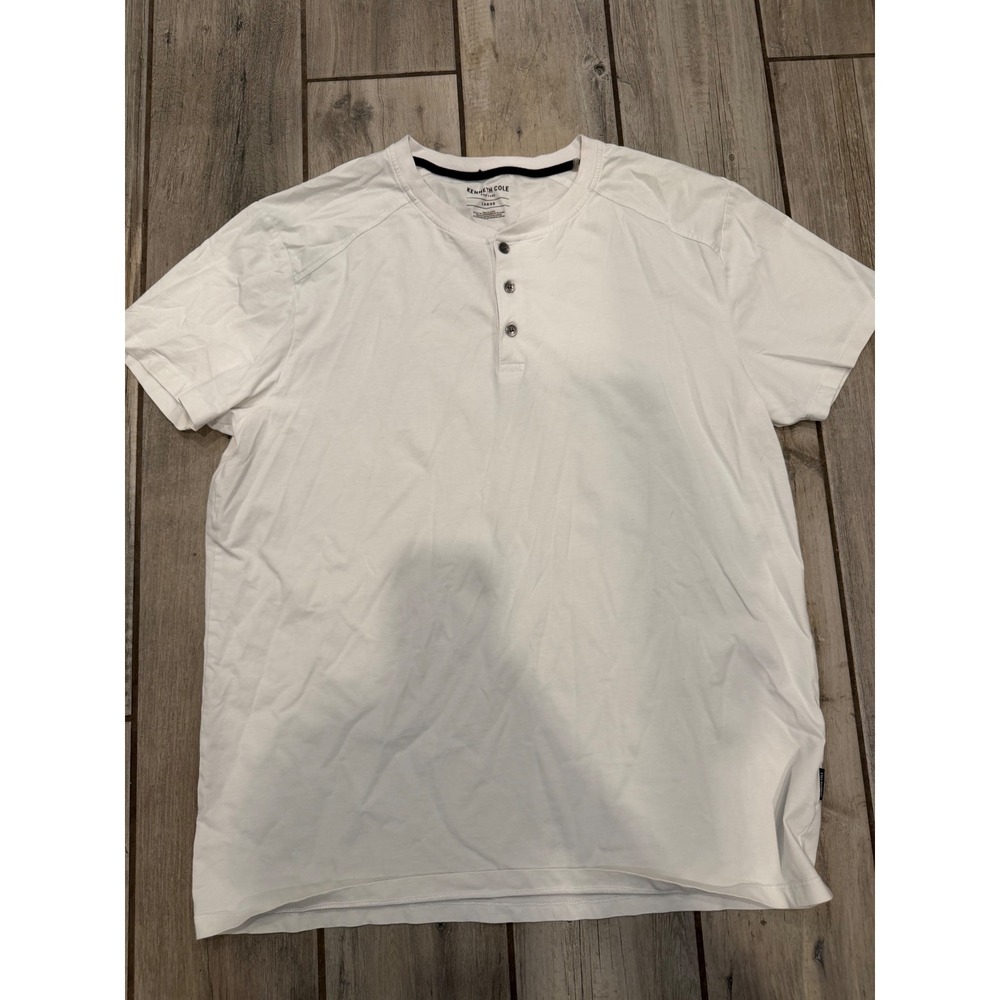 Kenneth Cole New York Mens White Henley Shirt Short Sleeve Cotton Stretch Large